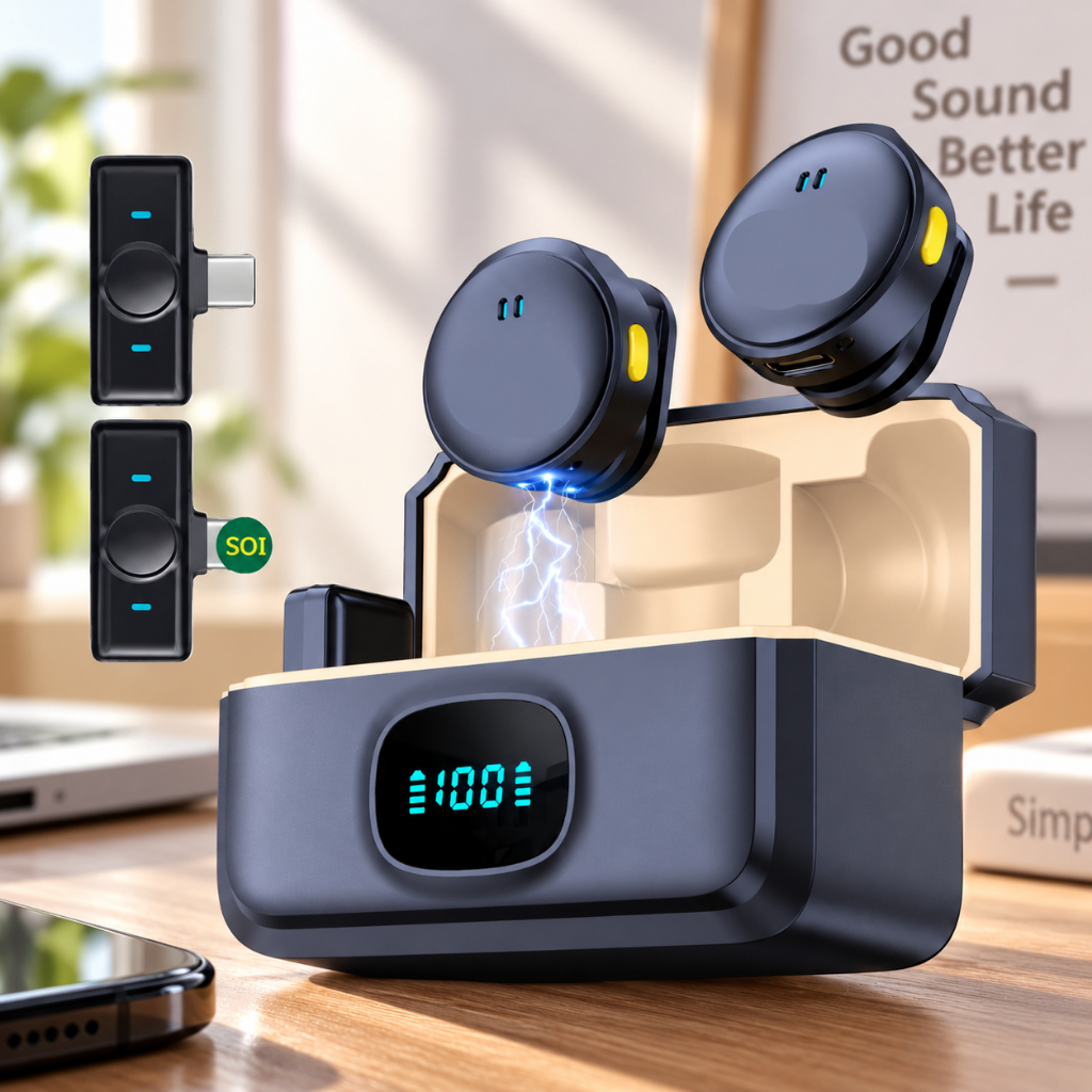 Microfone Lapela Redondo Imã Sem Fio Tipo C Preto Anti Ruído Duplo Mymotors Para Android E IOS