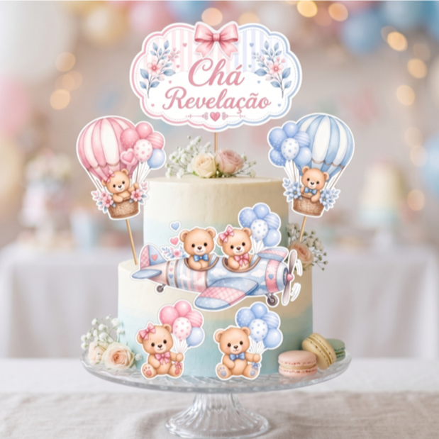 Topo de Bolo Ursinhos Chá Revelação-Chá de Bebê Menino Menina mesversario festa aniversário urso rosa azul lembrancinha