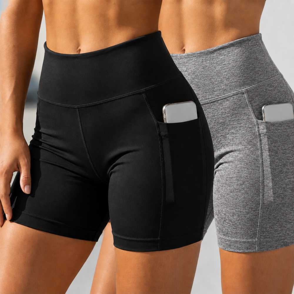 kit 2 Short Feminino Legging Academia Com Bolso Lateral Bermuda Cintura Cos Alta pilates e Ginastica Fitness