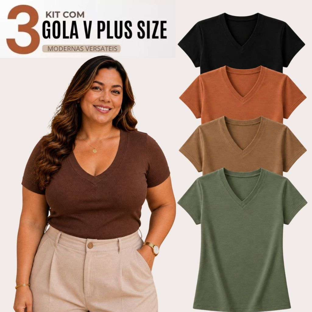 Kit 3 Blusas Feminina Plus Size Gola V Básica Casual Canelada Blusinha Estilosa Curve Verão Tendencia P029