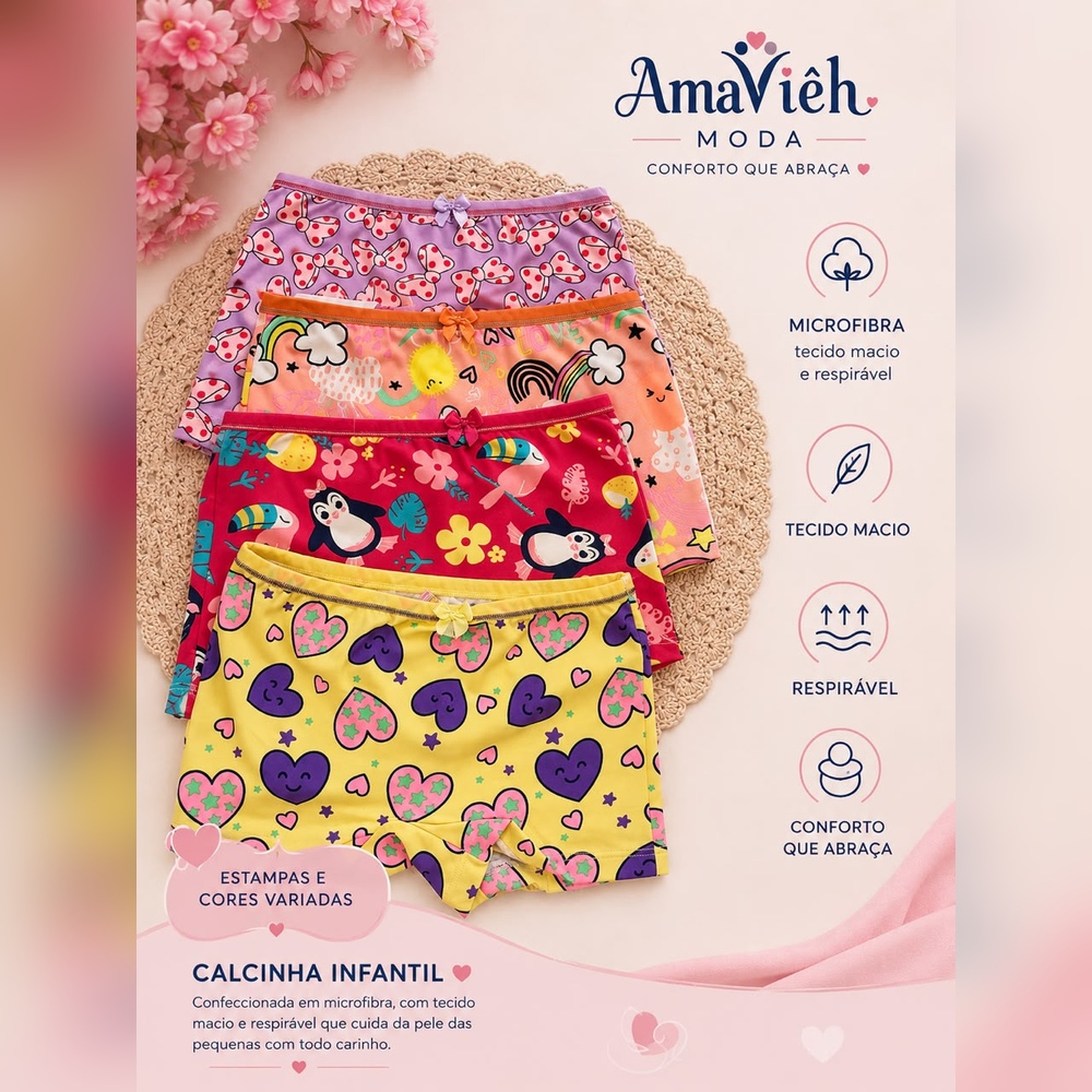 Kit 04 Calcinhas Box Shortinho Infantil Menina Moça em Poliamida com Elastano e Forro 100% Algodão Confortável