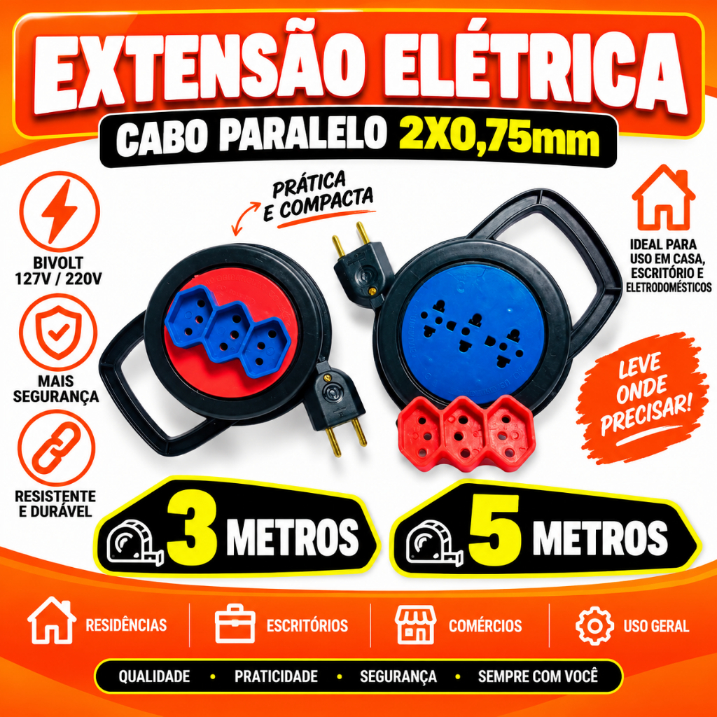 Extensão Elétrica Retrátil 3 Metros e 5 Metros Tripolar 10a 3 Tomadas Bivolt