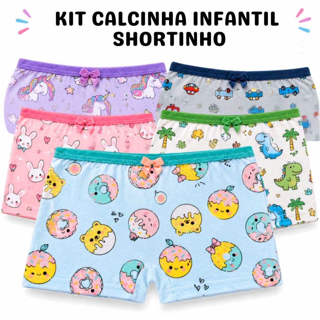 Kit Calcinha Boxer Infantil Shortinho Menina Confortável Macio Estampada