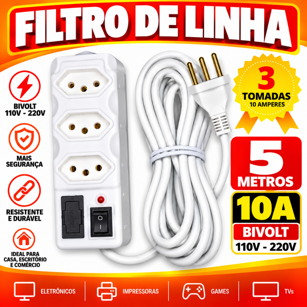 Filtro de Linha Cabo PP 3 Tomadas 5 Metros Branco 10A 110 / 220 V Bivolt