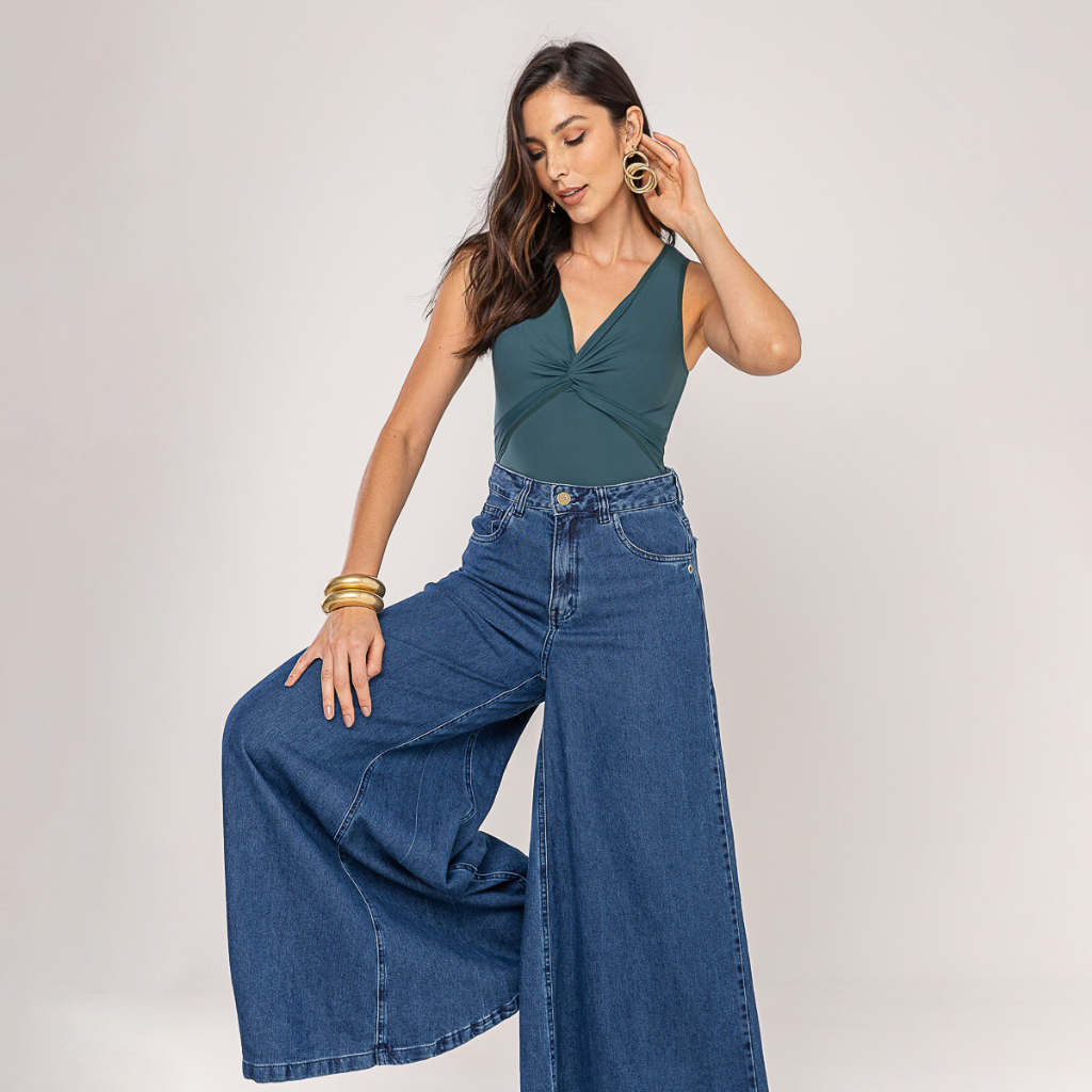 Calça Jeans Maxi Wide Leg Moda Tendência Europa Pantalona