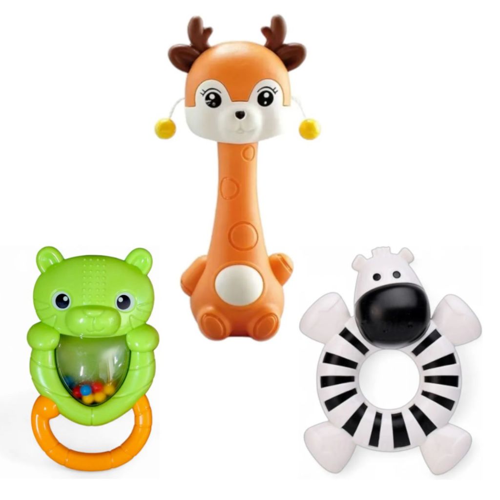 Kit Chocalho de Rena Bichinhos Conjunto– Brinquedo Sensorial e Mordedor para Bebê Estímulo