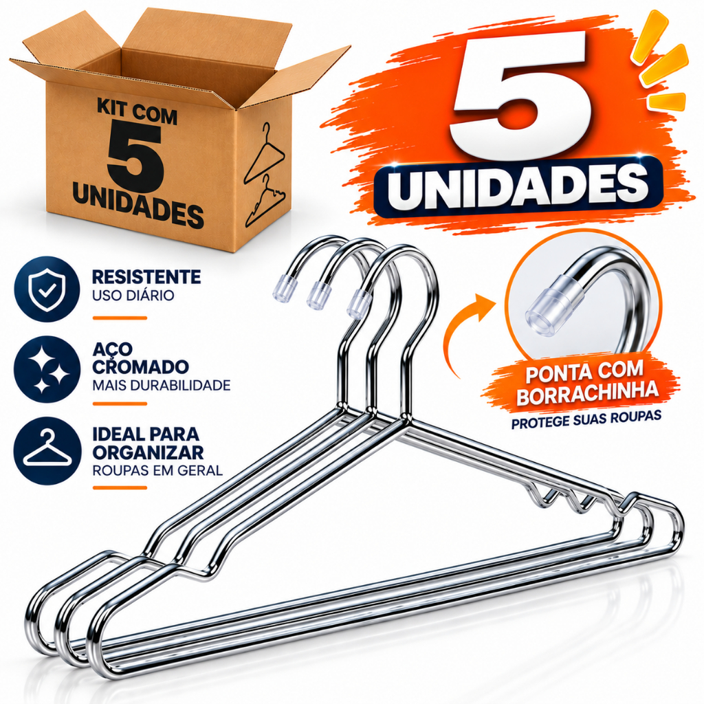 Kit 5 Cabides Tintureiro Adulto Metal Cromado Para Roupas Organizador Moda