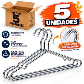 Kit 5 Cabides Tintureiro Adulto Metal Cromado Para Roupas Organizador Moda