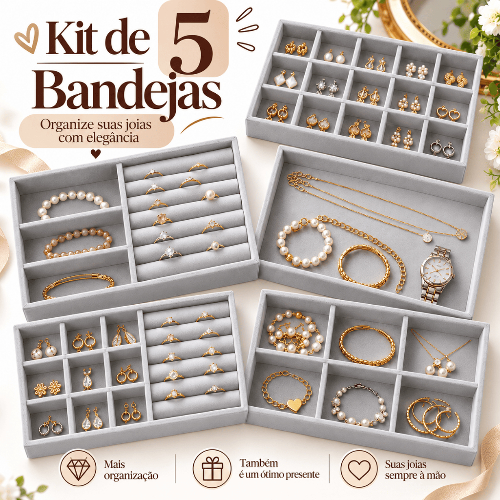 5 Bandeja Organizadora Porta joias Veludo Gaveta Penteadeira Closet