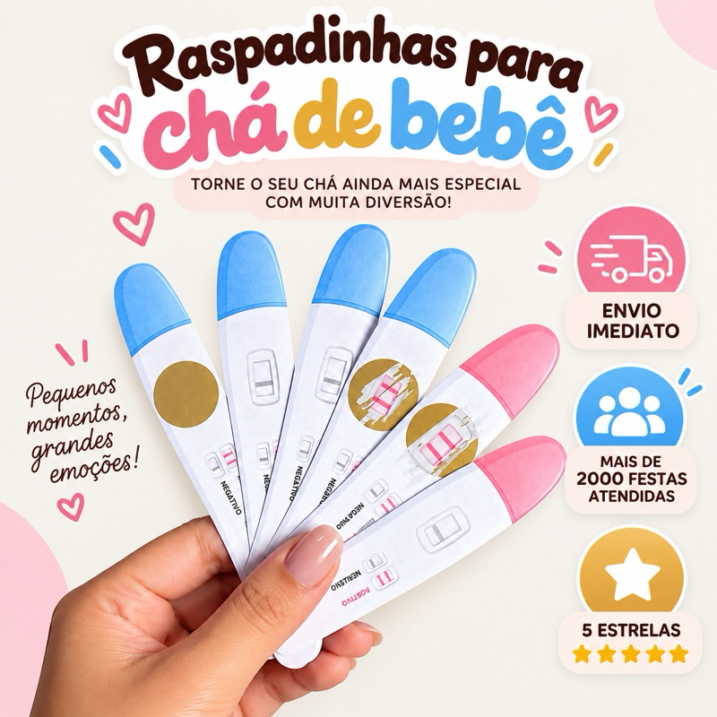 ENVIO IMEDIATO - Raspadinha Chá de Bebê Teste de Gravidez Brincadeira Boy or Girl Chá Revelação Chá de Fralda