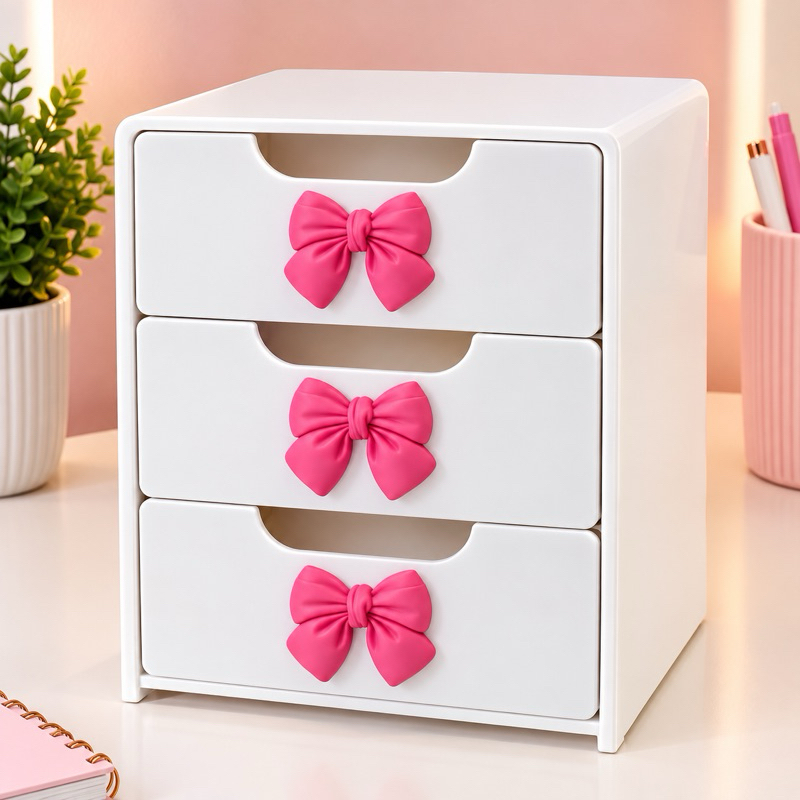 Gaveteiro Organizador 3 Gavetas de Mesa com Laços Rosa | Porta Maquiagem, Acessórios, Bijuterias, Cosméticos e Material