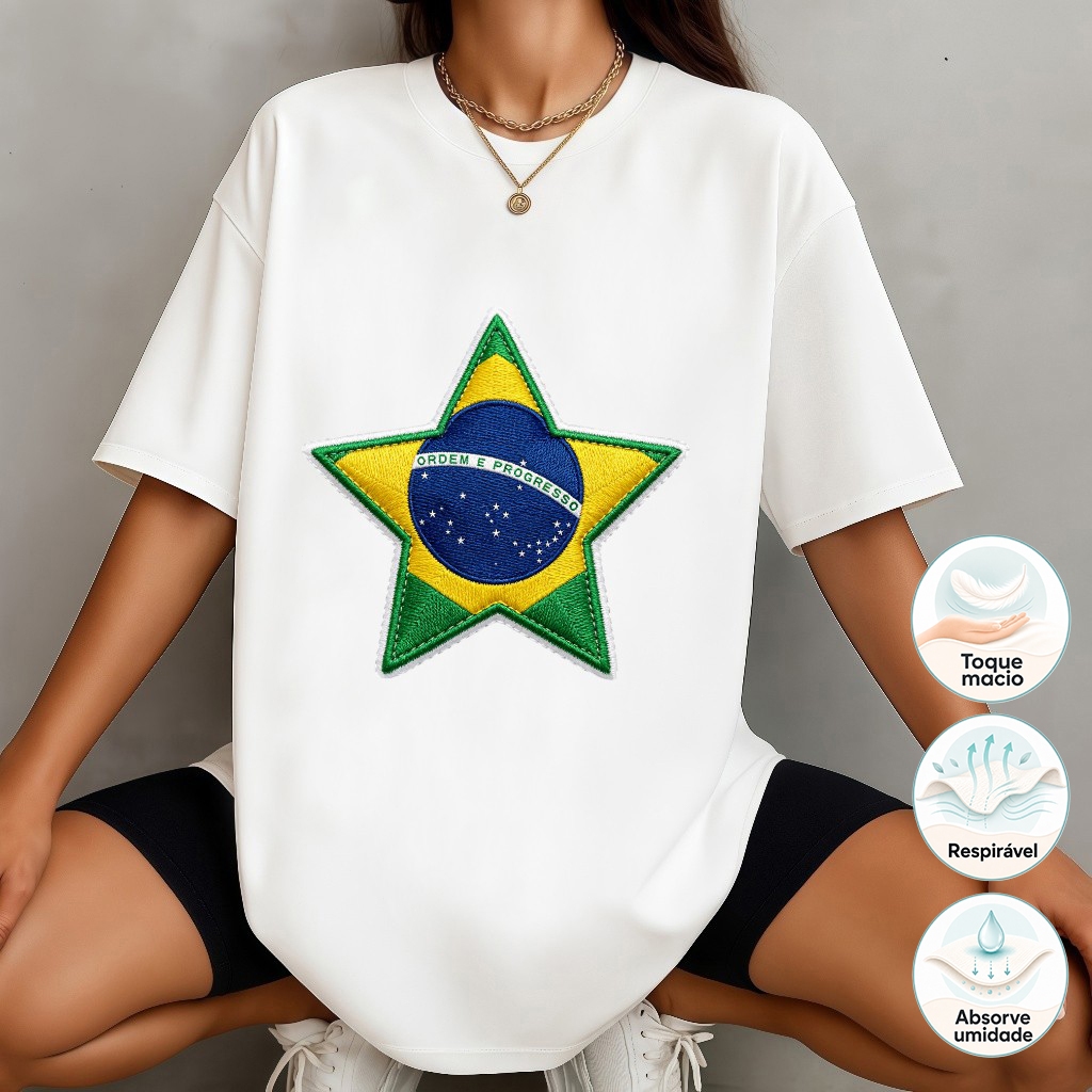 Camiseta Oversized Feminina Estrela Bandeira do Brasil Efeito Bordado 100% Algodão, Camisa Confortável e Respirável