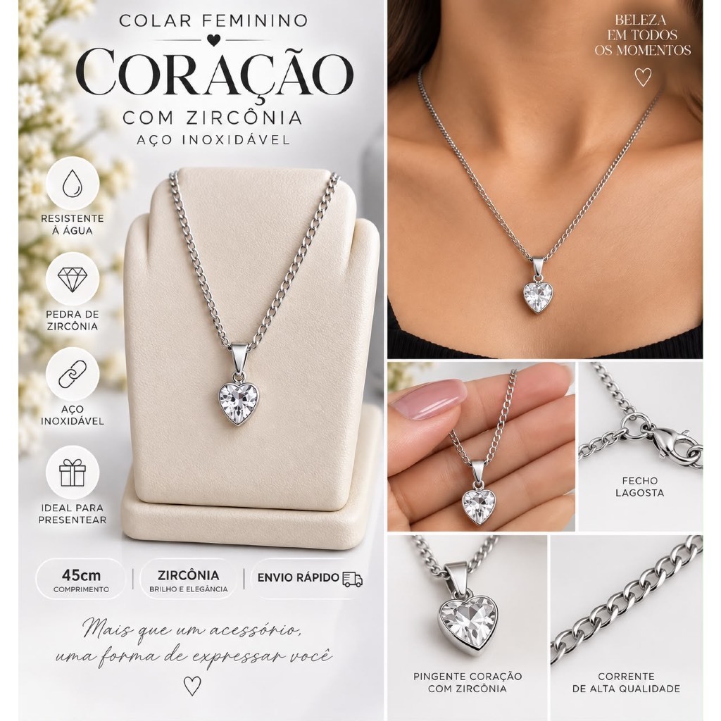 Colar Corrente Feminina Pingente Coração Aço Inoxidável Com Pedra de Zircônia Envio Rápido