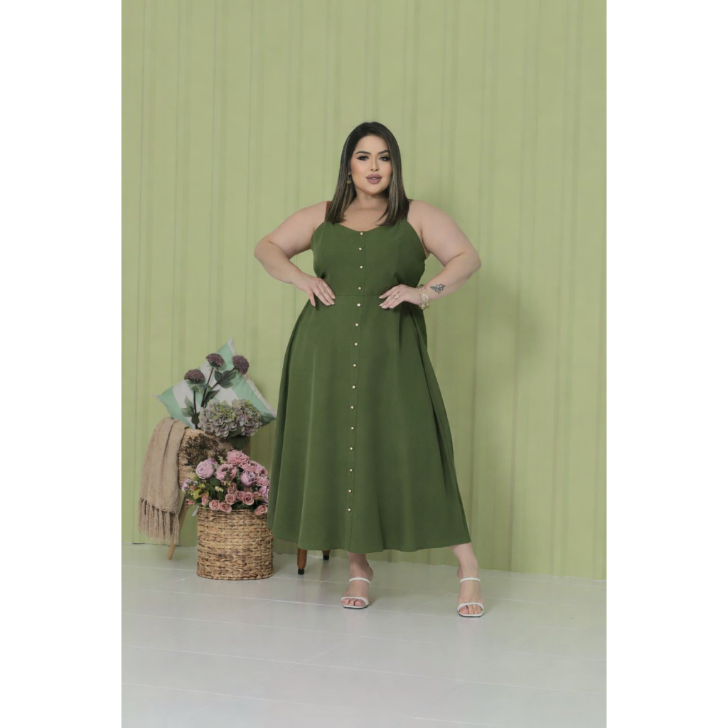 Vestido Plus Size Midi Feminino com Botões Frontais e Alças Largas — imagem 2 de 2
