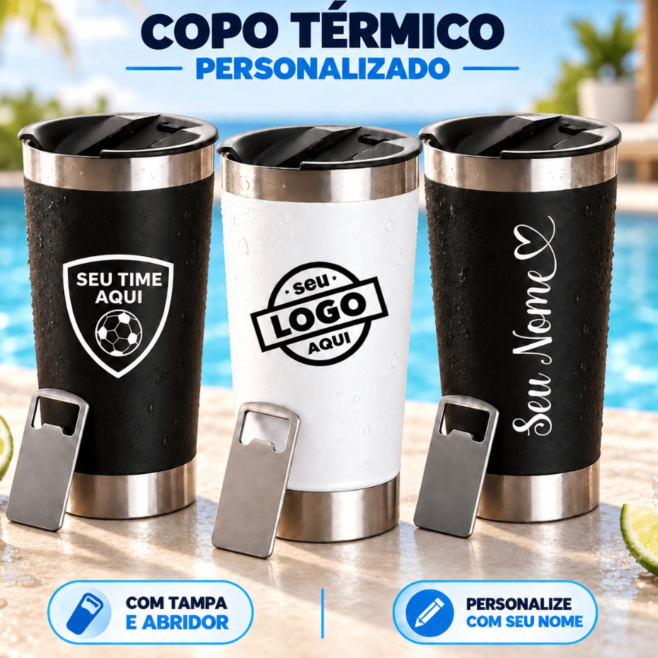 Copo Térmico Inox 473ml Personalizado a Laser com Nome Time Logo + Tampa e Abridor