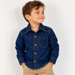Camisa Jeans Menino Manga Longa Infantil Juvenil 1 ao 14 Azul Claro Escuro ou Kit 2 Peças