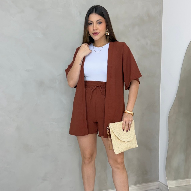 Conjunto Feminino Verão Elegante 2 Peças Kimono e Short Casual Elegante Roupa Feminina Leve