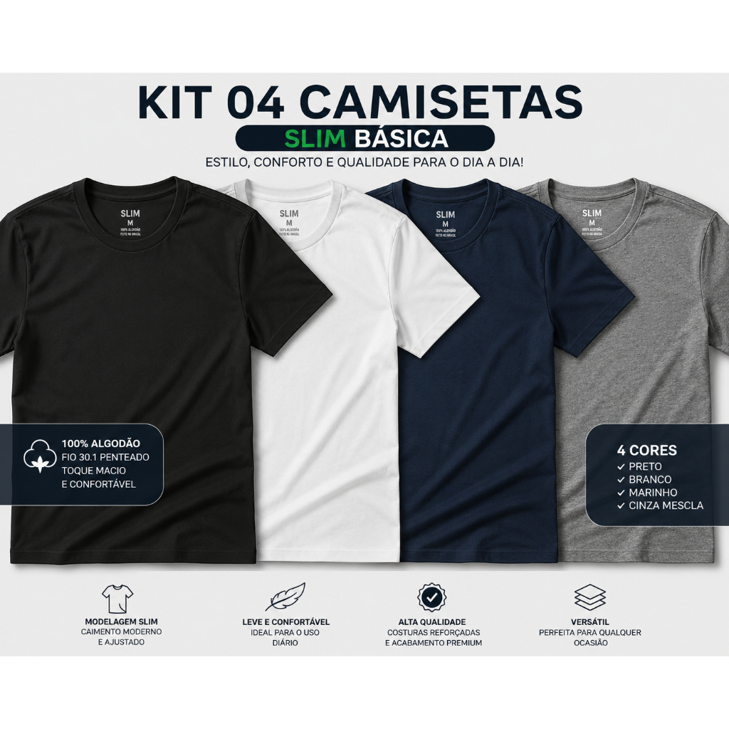KIT 04 CAMISETAS BASICAS MASCULINA 100% ALGODÃO FIO 30.1 ENVIO RAPIDO P AO GG - AZUL MARINHO, BRANCO, CINZA MESCLA E PRE
