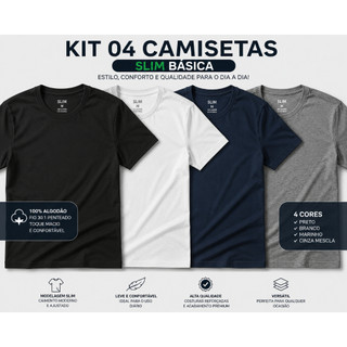 KIT 04 CAMISETAS BASICAS MASCULINA 100% ALGODÃO FIO 30.1 ENVIO RAPIDO P AO GG - AZUL MARINHO, BRANCO, CINZA MESCLA E PRE