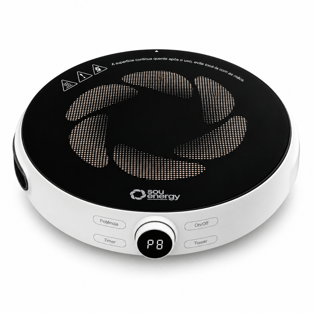 Cooktop de Indução Portátil Bivolt 1 Boca 2000W com Painel Touch, Timer e Mesa Vitrocerâmica | Sou Energy