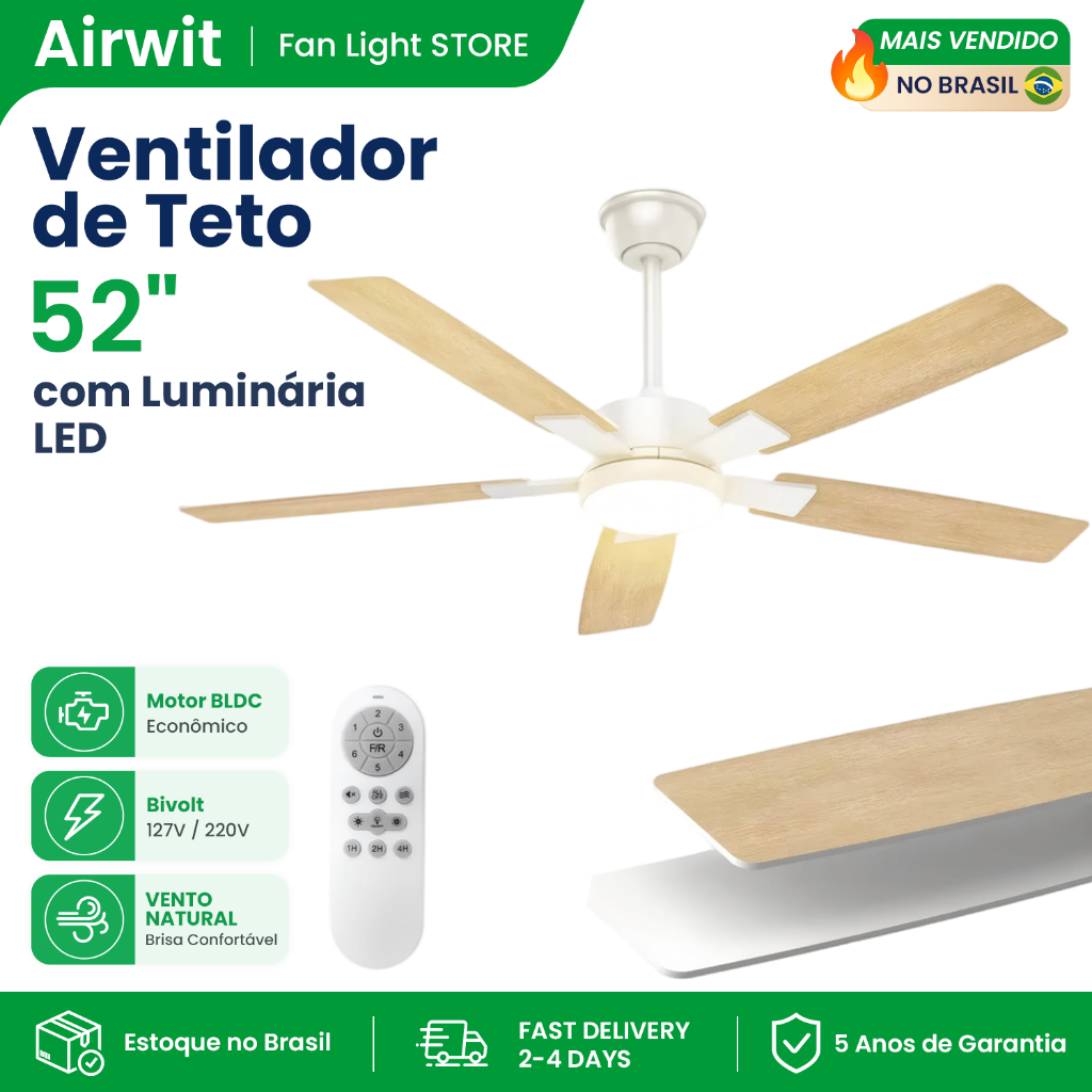 Airwit 52 Inch 5 pás Ventilador de Teto com Luminária LED 127/220 Volts Controle Remoto Vento Forte