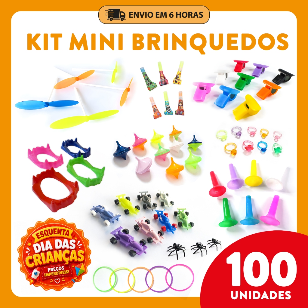 Kit 100 Brinquedos Sortidos 10 Modelos – Lembrancinha Infantil, Dia das Crianças, Brindes e Sacolinha Surpresa