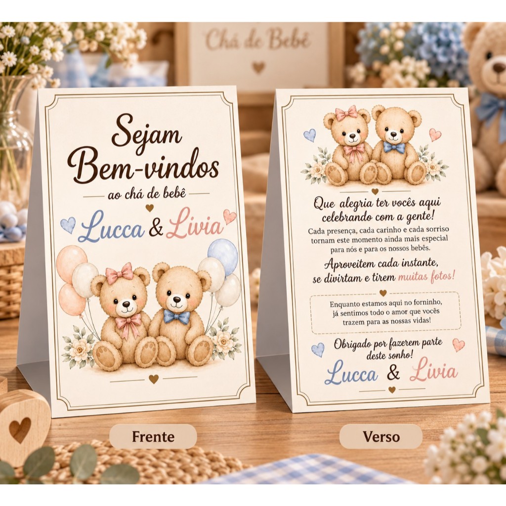 Plaquinha de Mesa Personalizada Chá de Bebê Ursinho menino menina -Decoração Centro de Mesa Festa Infantil Chá Revelação