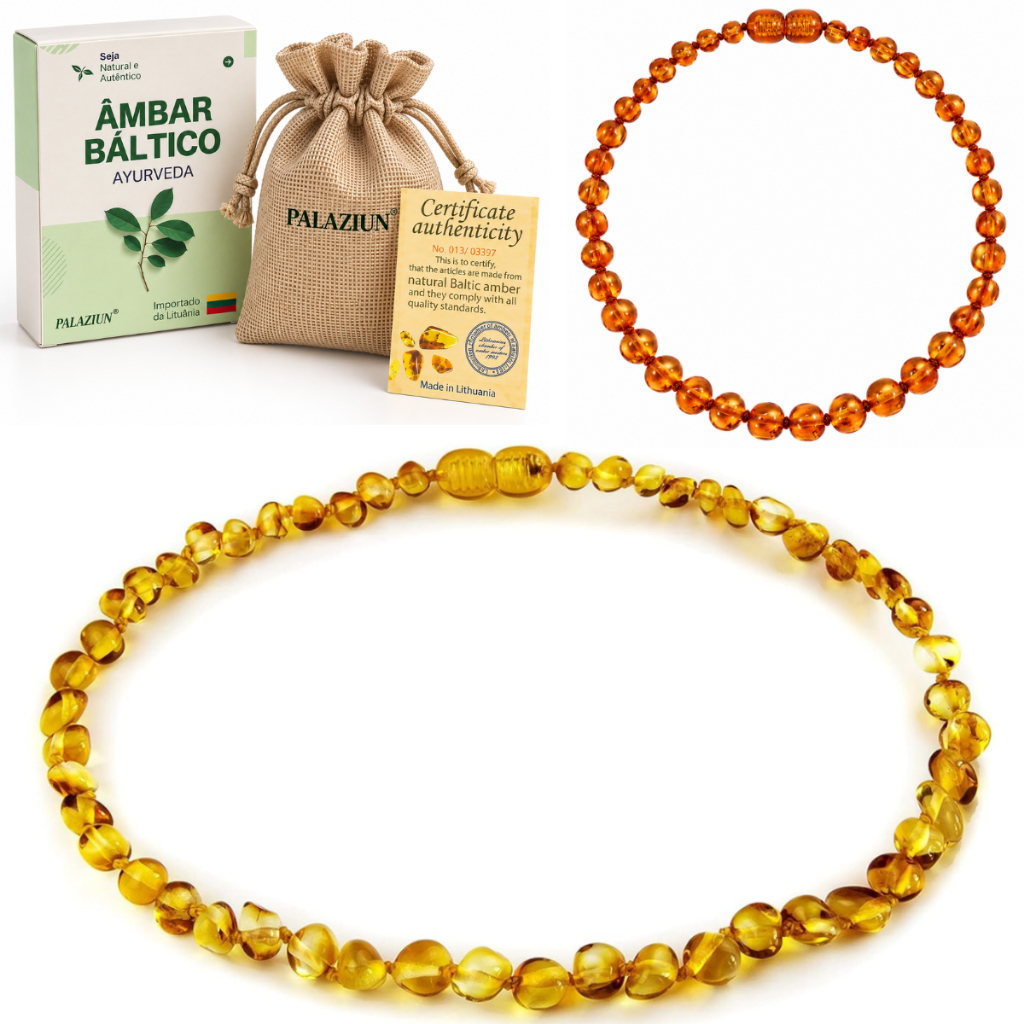 Colar de Âmbar Bebê Original 33 cm Infantil Neném Bebe Certificado Importado Lituania C/ Bolsinha de Juta Pedra Natural