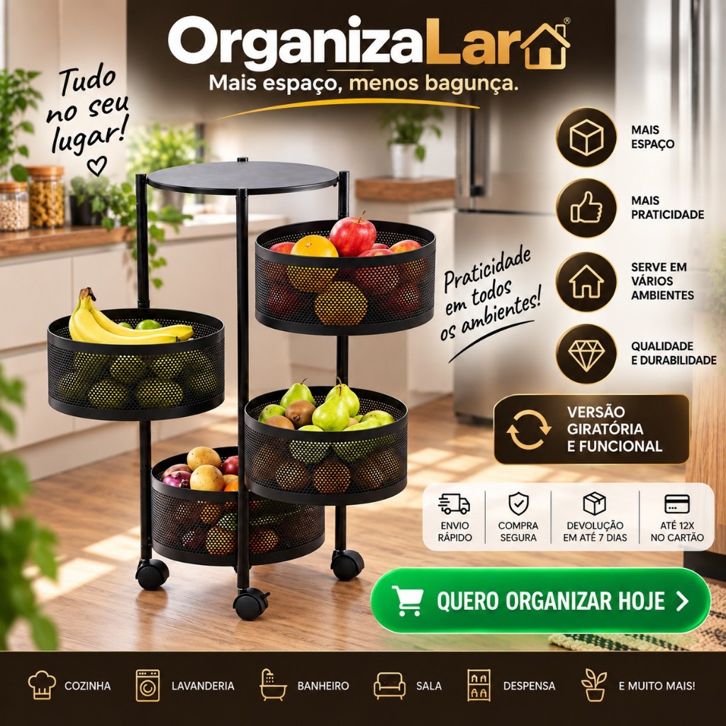 Fruteira Organizador Carrinho Organizador Multiuso 4 Prateleiras Giratórias com Rodinhas Preto