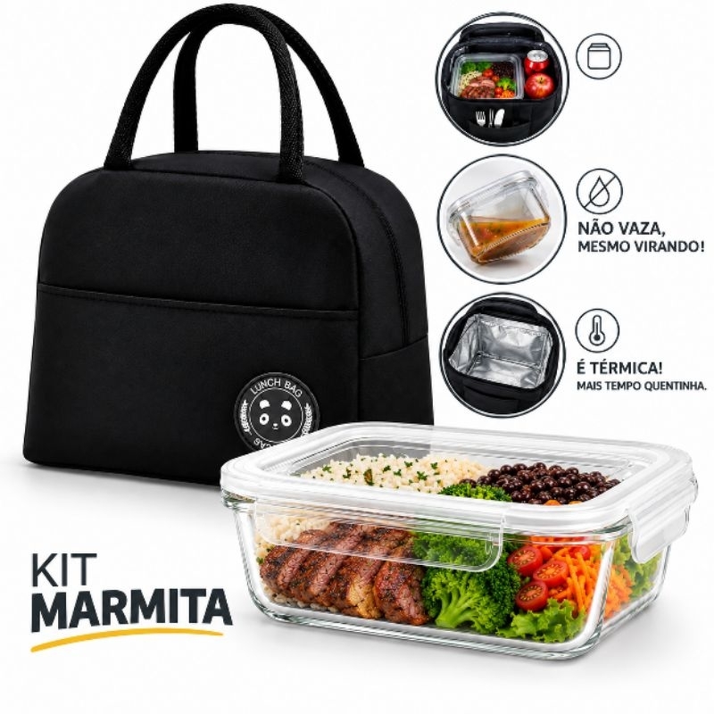 Kit Prático Bolsa Térmica e Pote de Vidro Hermético Para Marmita / Lancheira Fitness /Academia /Trabalho Escola