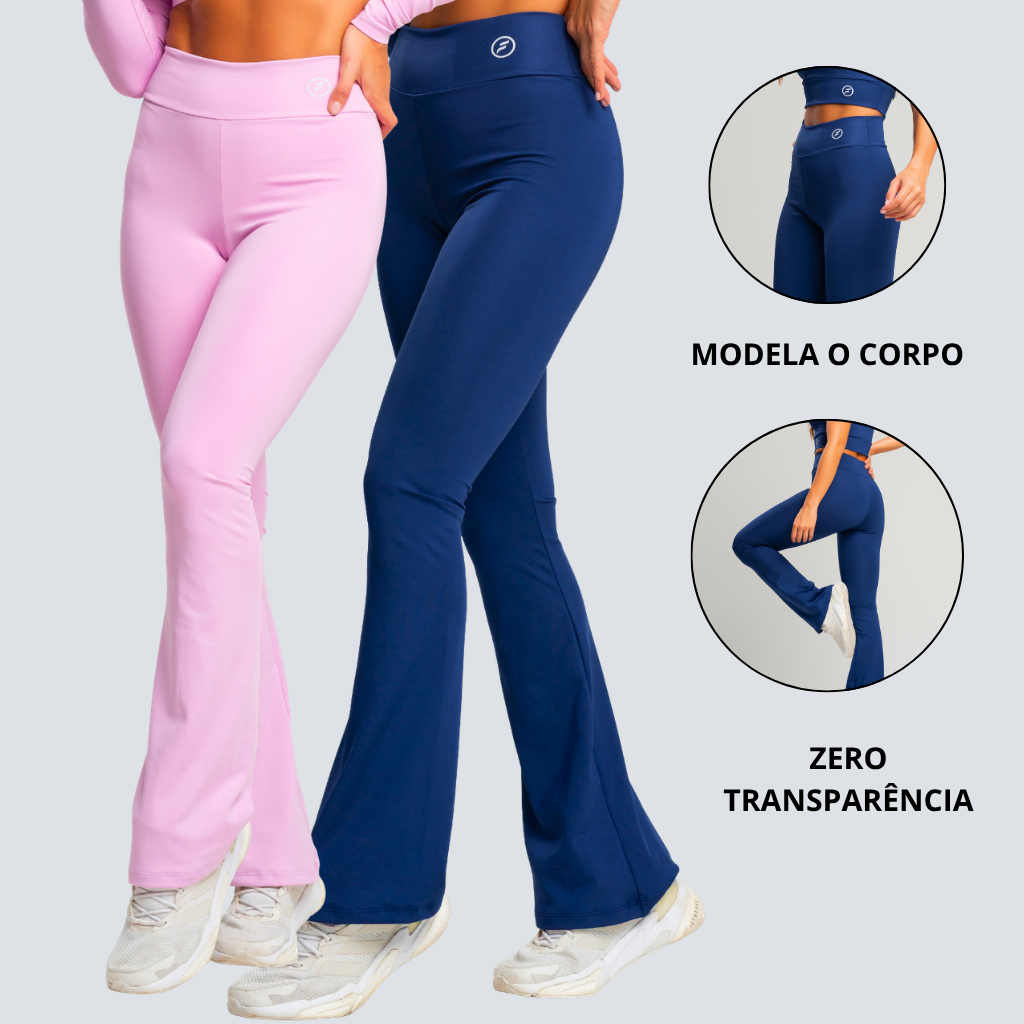 Kit 2 Calças Fitness Bailarina Academia Legging Flare Suplex Zero Transparência Feminina