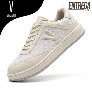 Tênis Feminino Vizzano  Bege Detalhe Letras Tecido Confortável Macio Casual Original