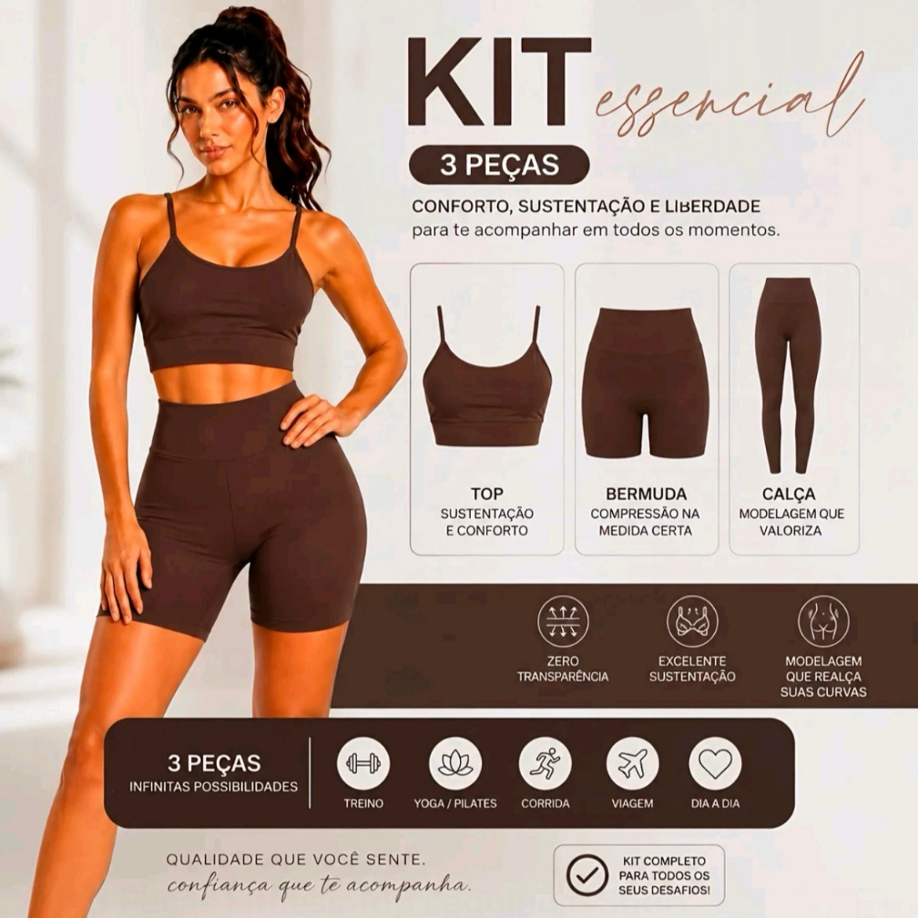 Kit Fitness Feminino 3 Peças Top + Bermuda + Calça Legging Cintura Alta Academia Modelador