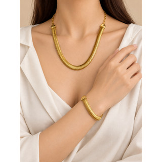 Conjunto Gargantilha Chocker Grossa e Pulseira Rabo de Rato Malha Banhado a Ouro 18k