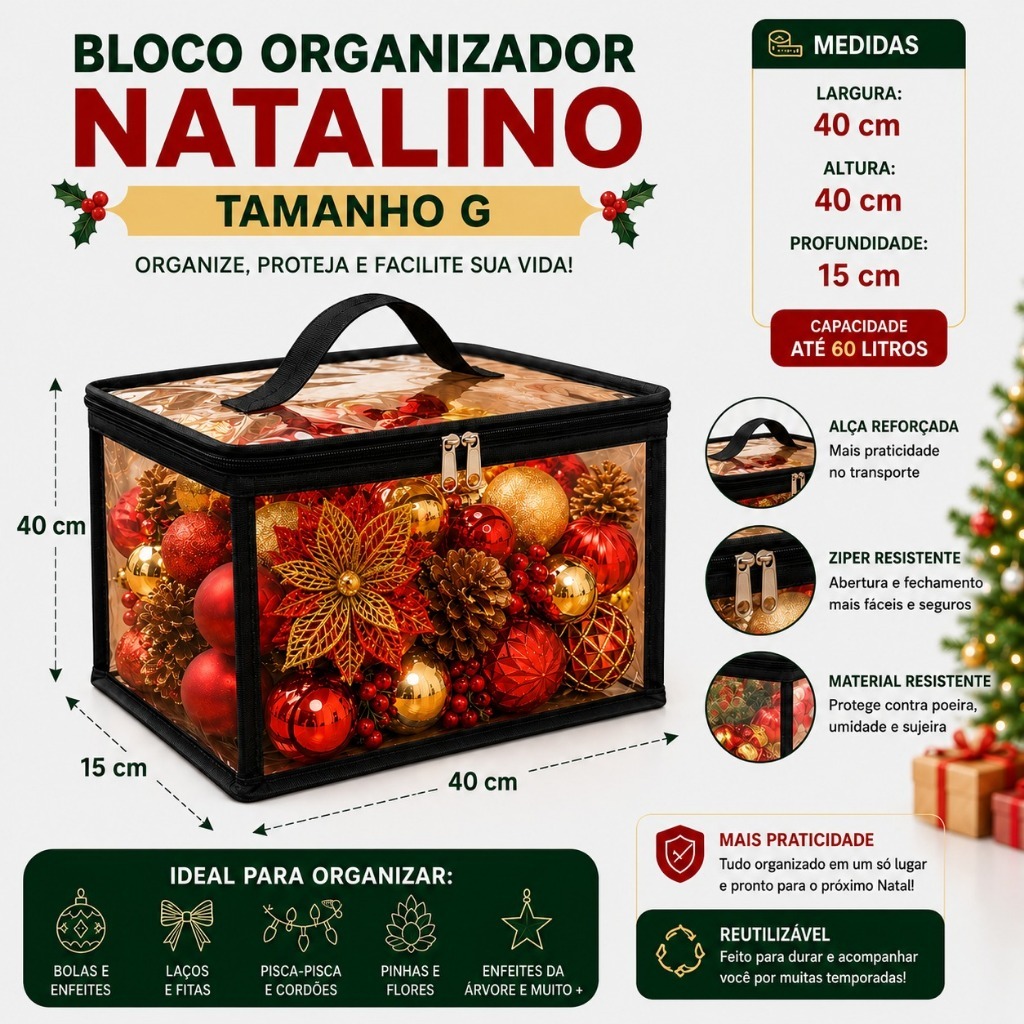 Caixa Organizadora de Natal para Enfeites Bolas Pisca-Pisca Laços com Zíper Visor Transparente Tam G 40x40x15