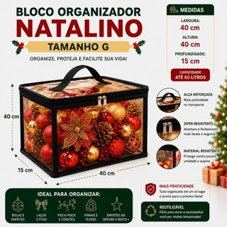 Caixa Organizadora de Natal para Enfeites Bolas Pisca-Pisca Laços com Zíper Visor Transparente Tam G 40x40x15