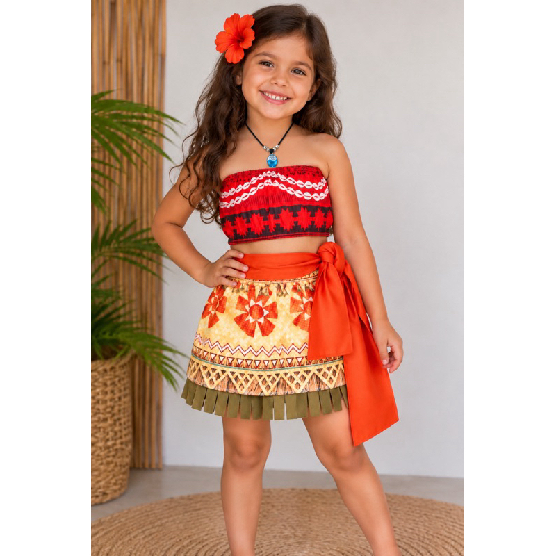 Roupa infantil Moana baby c/ colar + top + faixa + saia fantasia menina