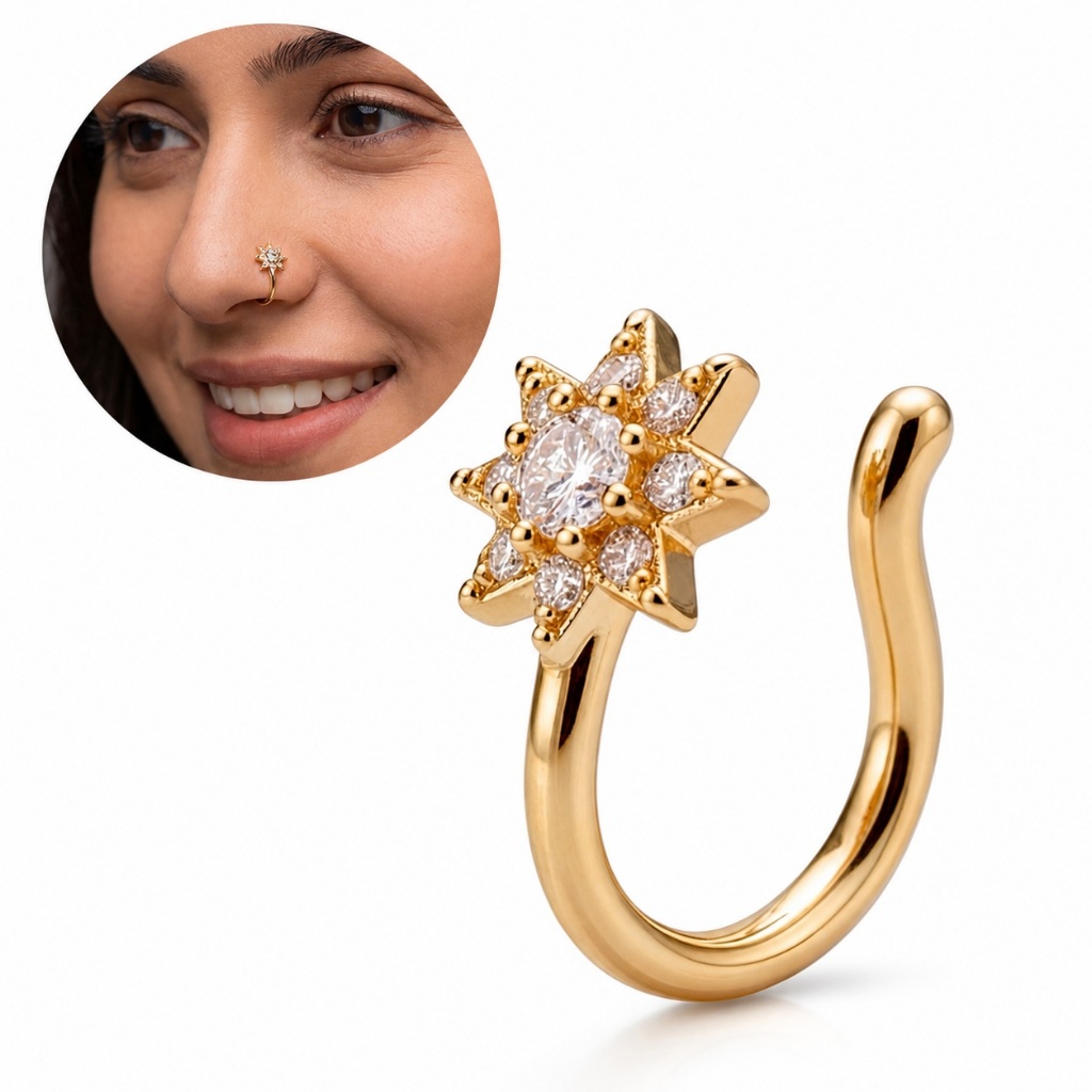 Clipe de Nariz Falso Piercing Estrela Zircônia Brilhante Aço Inoxidável Sem Perfuração Feminino