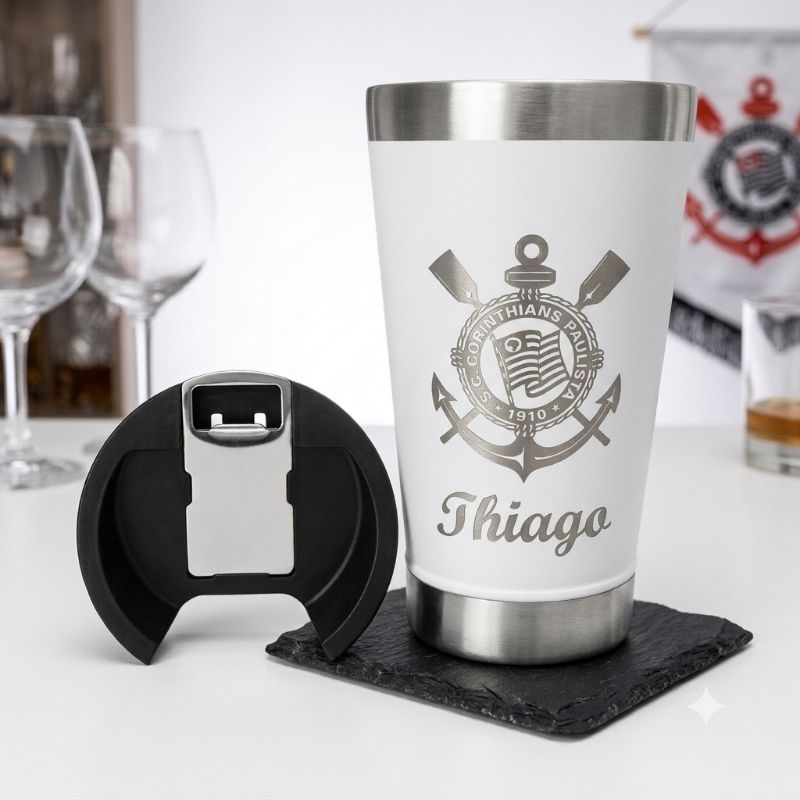 Copo Térmico Branco Personalizado do Corinthians + Nome