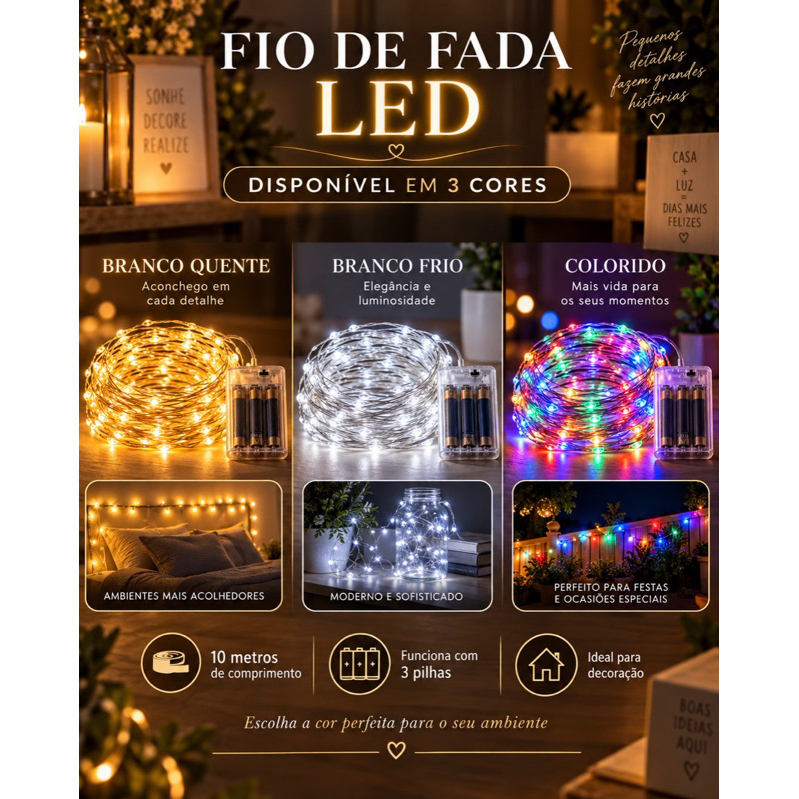 Fio de Fada LED 10 Metros Luz Decorativa à Pilha 3 Pilhas Branco Quente Frio Colorido Decoração Festa Quarto