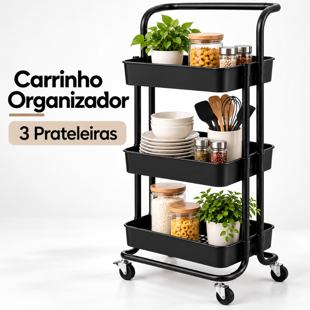 Carrinho Organizador Multiuso 3 Prateleiras com Rodinhas e Trava para Cozinha Banheiro Lavanderia Pret