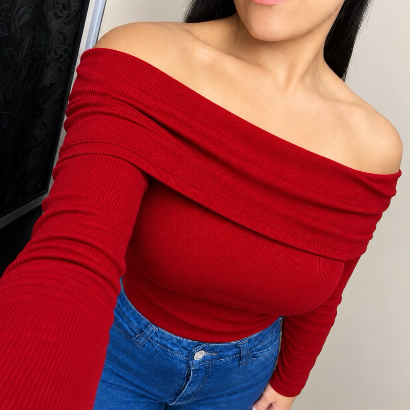 Blusa Feminina Ombro a Ombro Canelada Manga Longa Elegante Moda Casual Confortável Moderno e Versátil