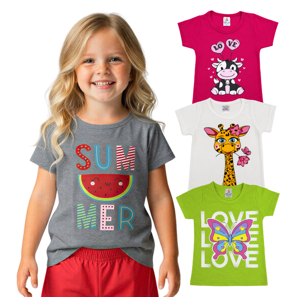 Kit 3 Camiseta Infantil Manga Curta Menina Sortida Blusa Qualquer Estação Verão Roupa Feminina