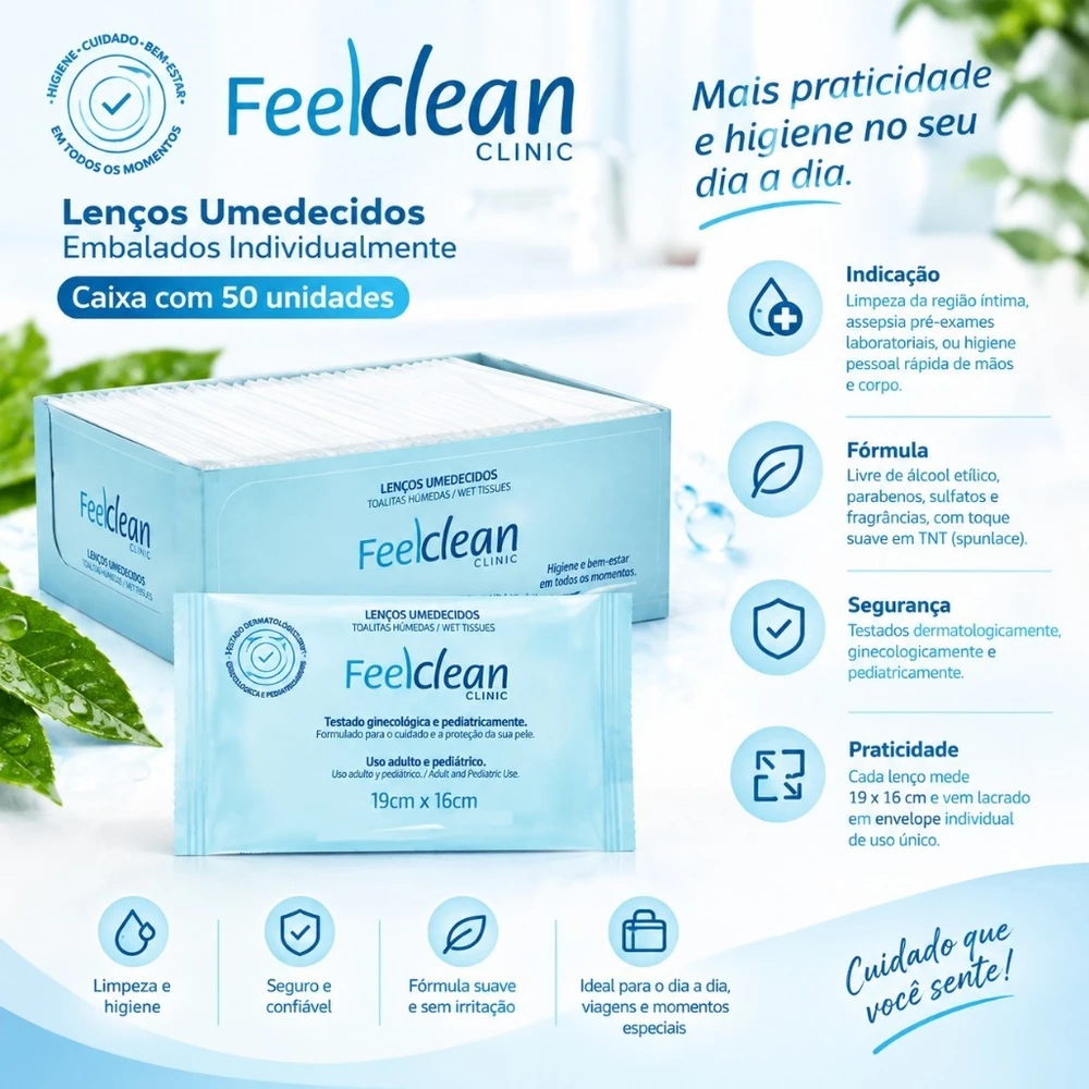 Lenços Umedecidos Íntimos Clínicos Feelclean Embalados Individualmente 50 Unidades