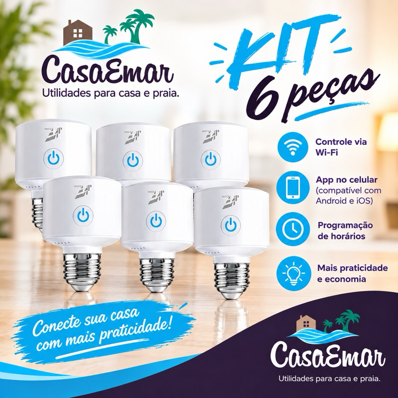 KIT 4/6 Soquete Lâmpada Inteligente Bocal E-27 Rosca Wifi Automação Bivolt Alexa Google