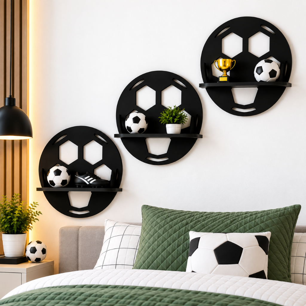 Kit 3 Nichos Prateleira Bola De Futebol MDF Quarto Infantil Decoração