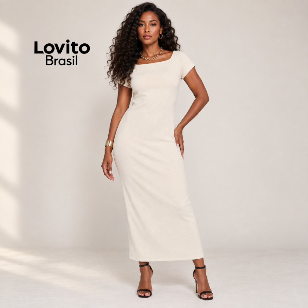 Lovito Vestido Midi Mangas Curtas Com Textura DRB848BRL878