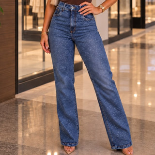 Calça Jeans Feminina Wide Leg Cintura Alta com Aplicações de Strass – Jeans Estiloso e Sofisticado