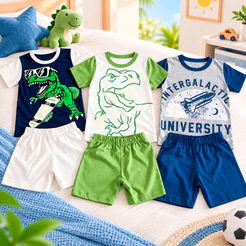 Pijama Infantil Menino Verão Brilha No Escuro Manga Curta Estampado Roupa De Dormir Bebê Confortável 2 Ao 14 Anos