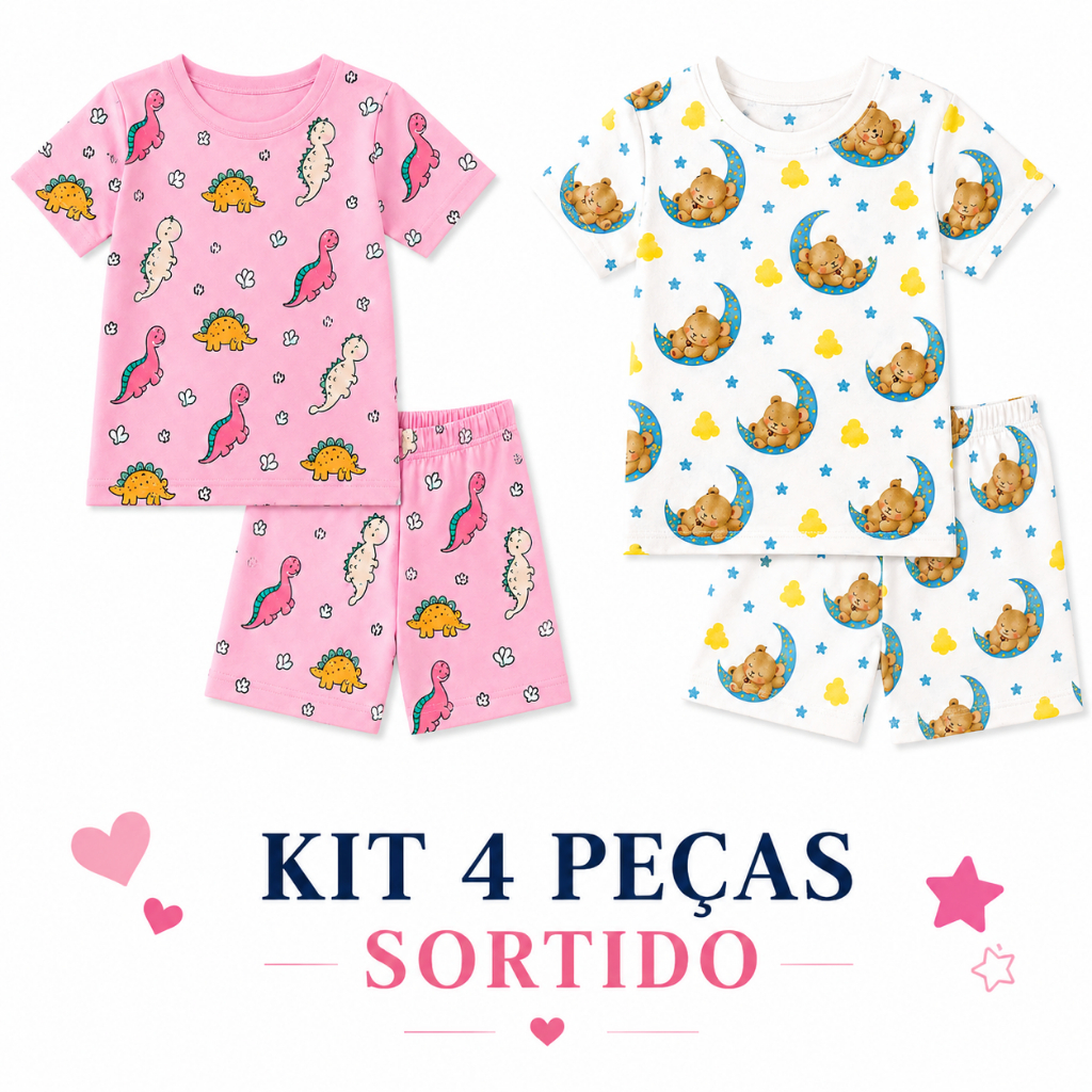 Kit 2 Conjuntos Pijama Infantil Feminino Verão Menina 4 Peças Tecido Leve e Respirável Super Macio Sortido